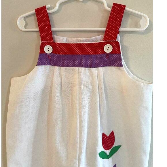 Coming Thing White Red Green‎ Tulip Applique Polka Dot Button Overalls Size 6 - Picture 4 of 7